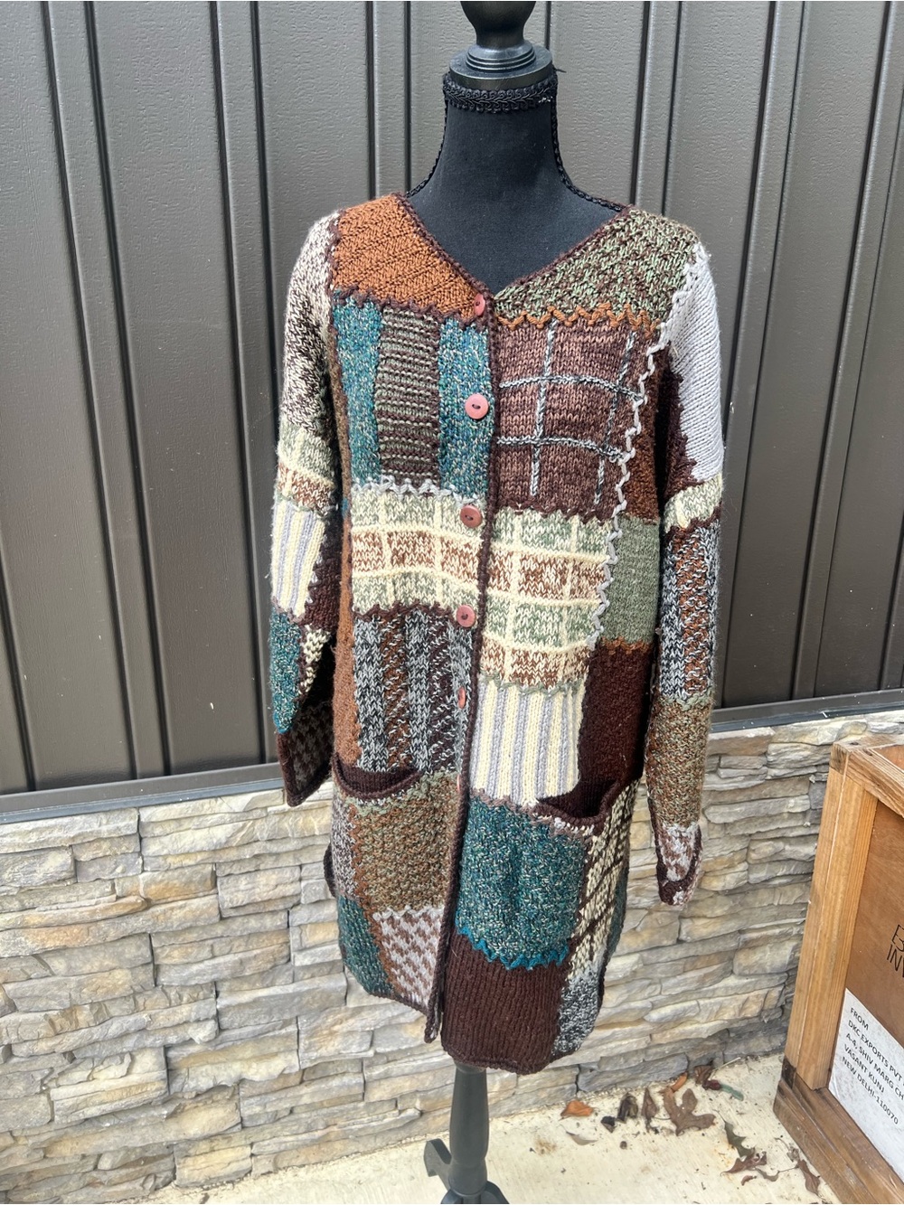 Vintage Peruvian Connection Patchwork Cardigan / knit Sweater Sz M